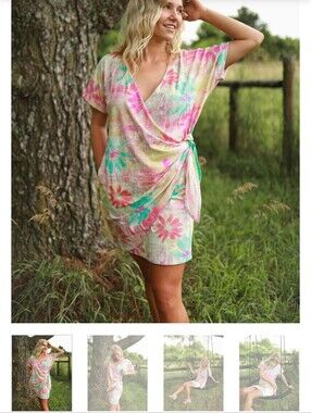Island Contessa Floral Wrap Mini Dress With Pockets  in Pink & Blue Size Medium